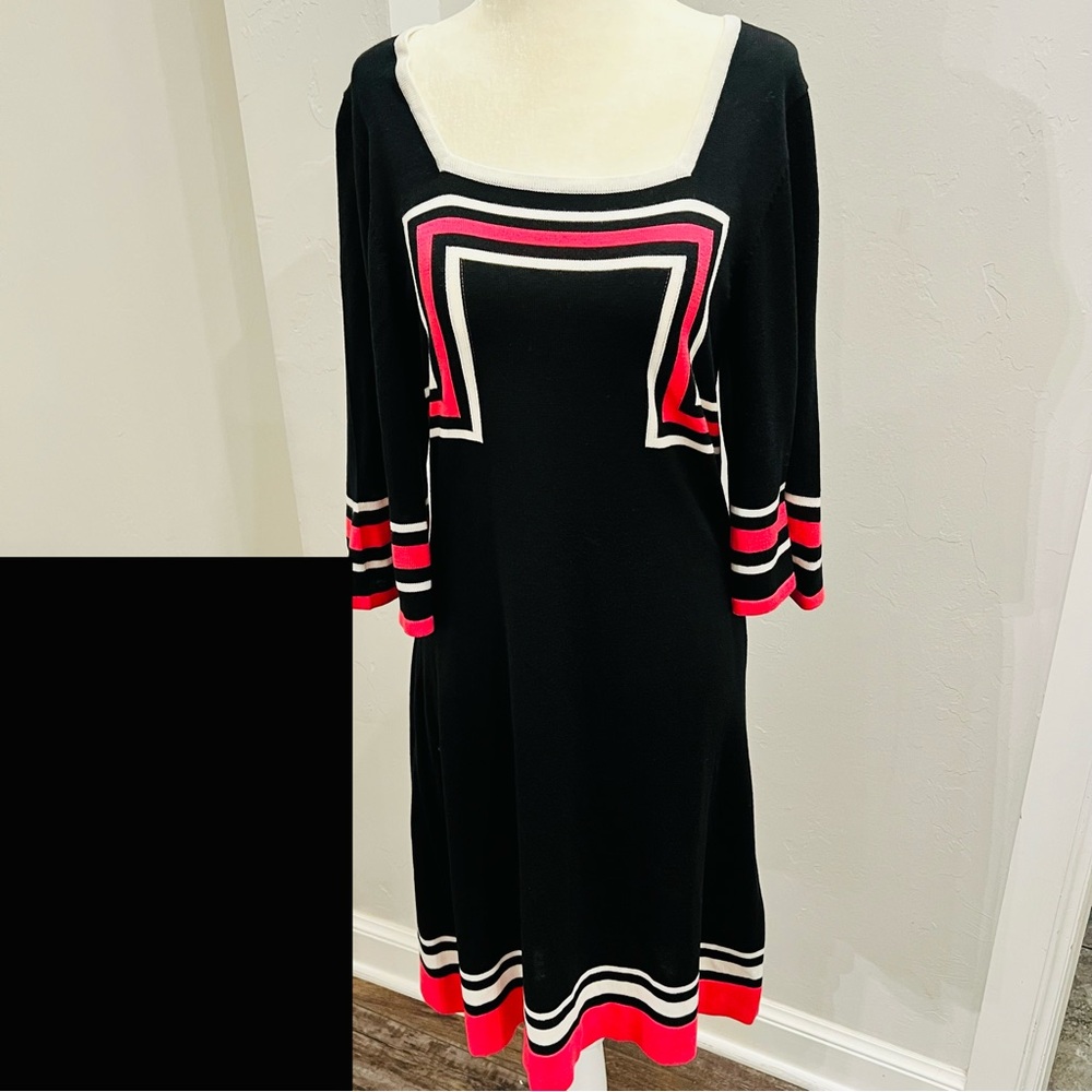 SANGRIA Black/White/Pink Square Neck 3/4 Sleeve Knit Sheath Dress, Size L
